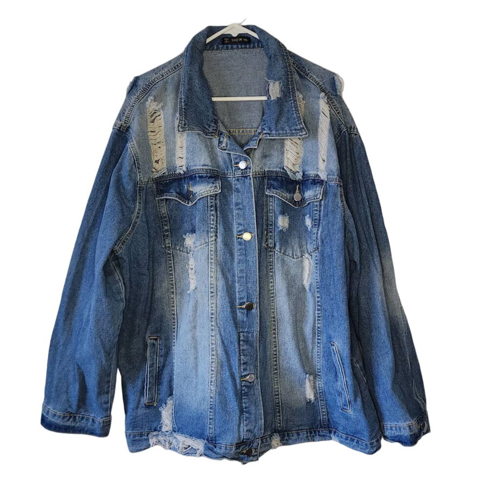 SHEIN Distressed Blue Denim Trucker Jacket Plus Size 4XL